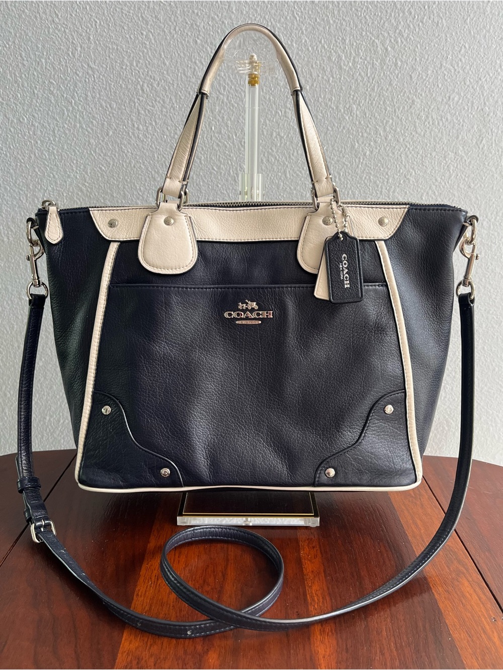 Coach Mickie Spectator Leather Satchel Tote in Chalk/Navy F37679 EUC